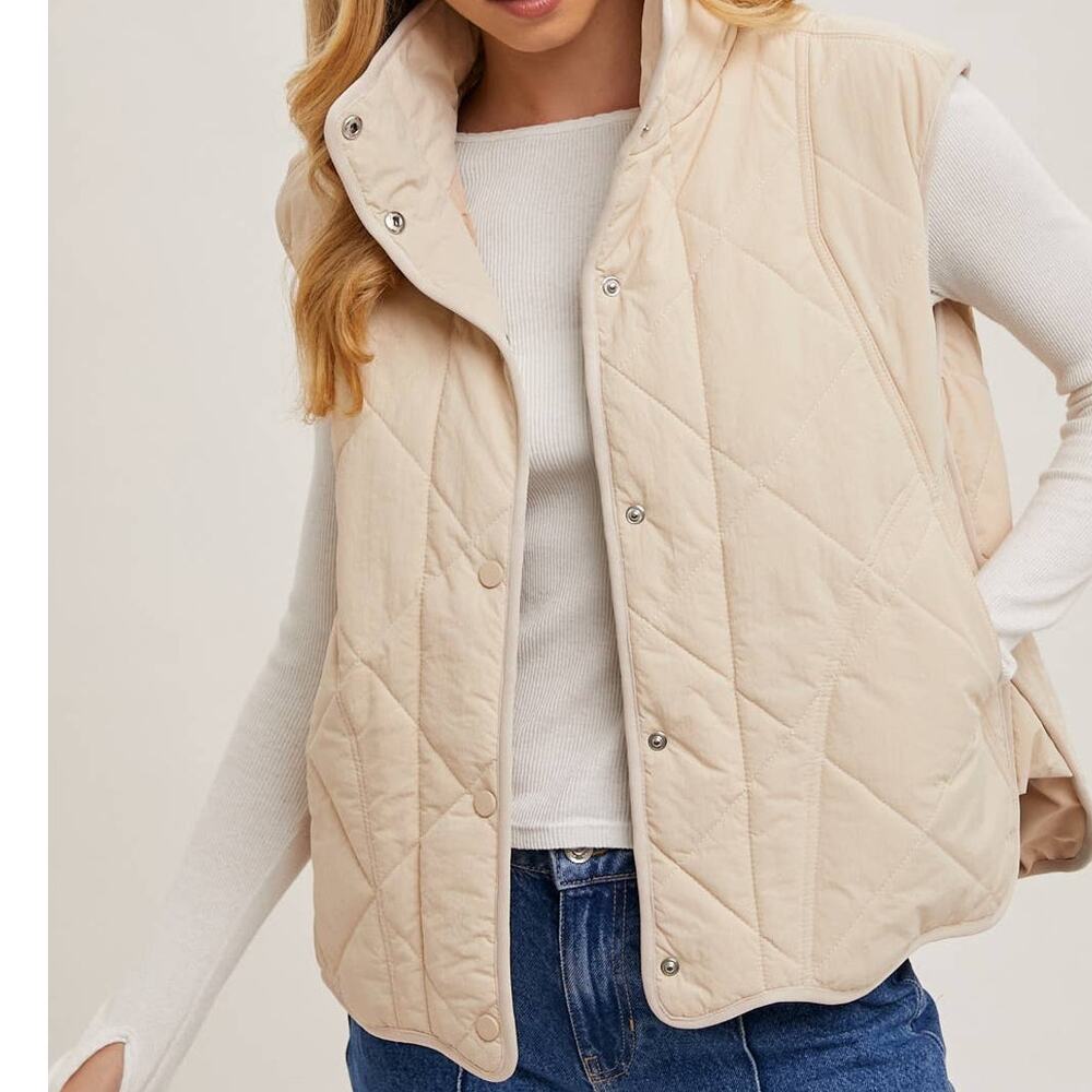 Button Down Quilted Puffer Vest with Pockets Creamy Beige